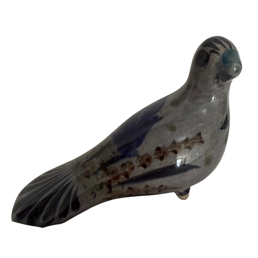 Vintage Tonala Mexican Pottery Bird Figurine Hand Painted Gray Blue 6" Signed